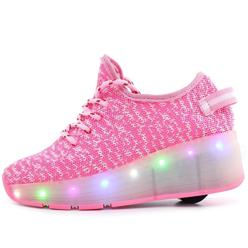 

Летние новые сетчатые легкие туфли с одним колесом, автоматические роликовые туфли, коньки, светящиеся туфли со светодиодной вибрацией 31 розовый