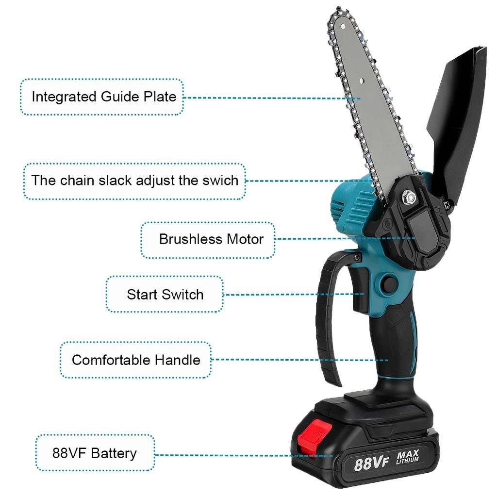 6 Zoll 3000W Holzschneider 88VF Einhand-Kettensägen Mit 1/2 Akku Für Holzbearbeitungswerkzeug Blaue Elektrische Kettensäge