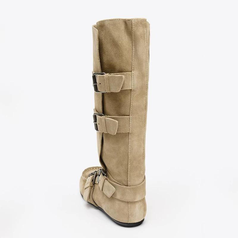 Women's Suede Mid Boots Buckle Straps Retro Style Comfortable Flat Heel Fashionable  Daily Wear Versatile Autumn And Winter