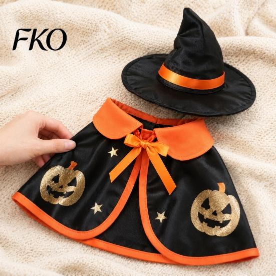Festive Pet Clothing 1 Set Halloween Costume, Cat Wizard Hat And Cape, Cute Pumpkin Costume Print Apparel for Small Dogs Cats Party Wear Adjustable