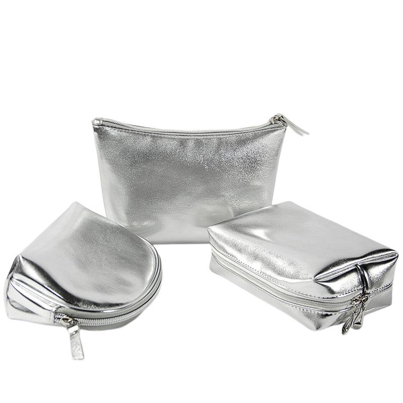 Multi-functional Bright Silver Full PU Leather Soft Makeup Bag Waterproof Portable Small Storage Bag