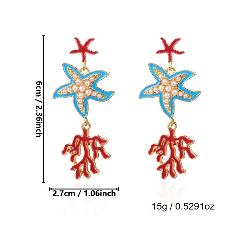 Elegante Seestern Korallen Ohrstecker für Damen Sommer Ozean Stil Blaue Emaille Zweig Hängeohrringe Strandurlaub Schmuck Geschenk