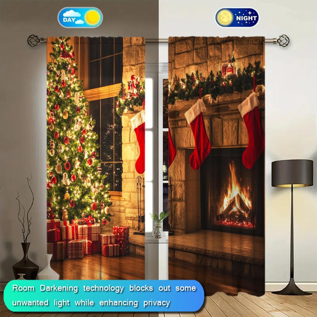 2pcs Christmas Fireplace Printed Curtain for Christmas Home Decor - Rod Pocket Window Treatment for Bedroom, Office, Kitchen
