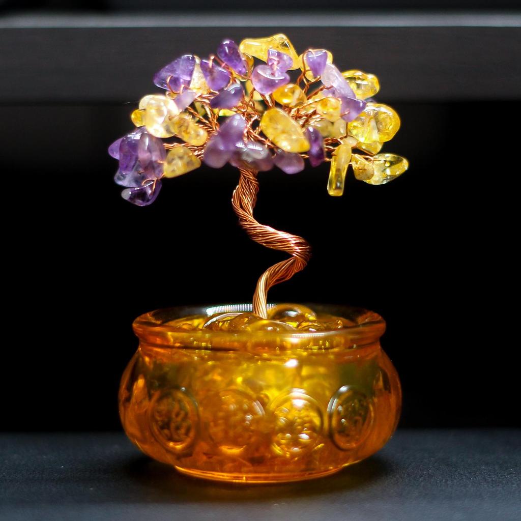 Handcrafted Yellow Citrine Money Tree Teacup Crystal Home Decor