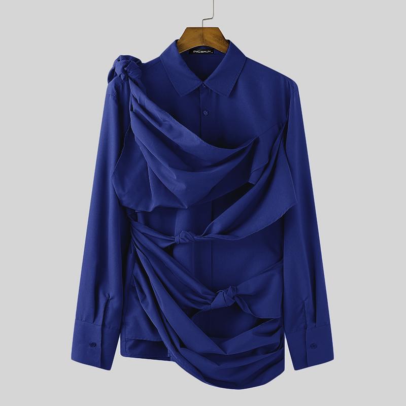 

INCERUN Мужские рубашки с неровными оборками, спереди крест-накрест, с вырезами, с длинным рукавом XL синий