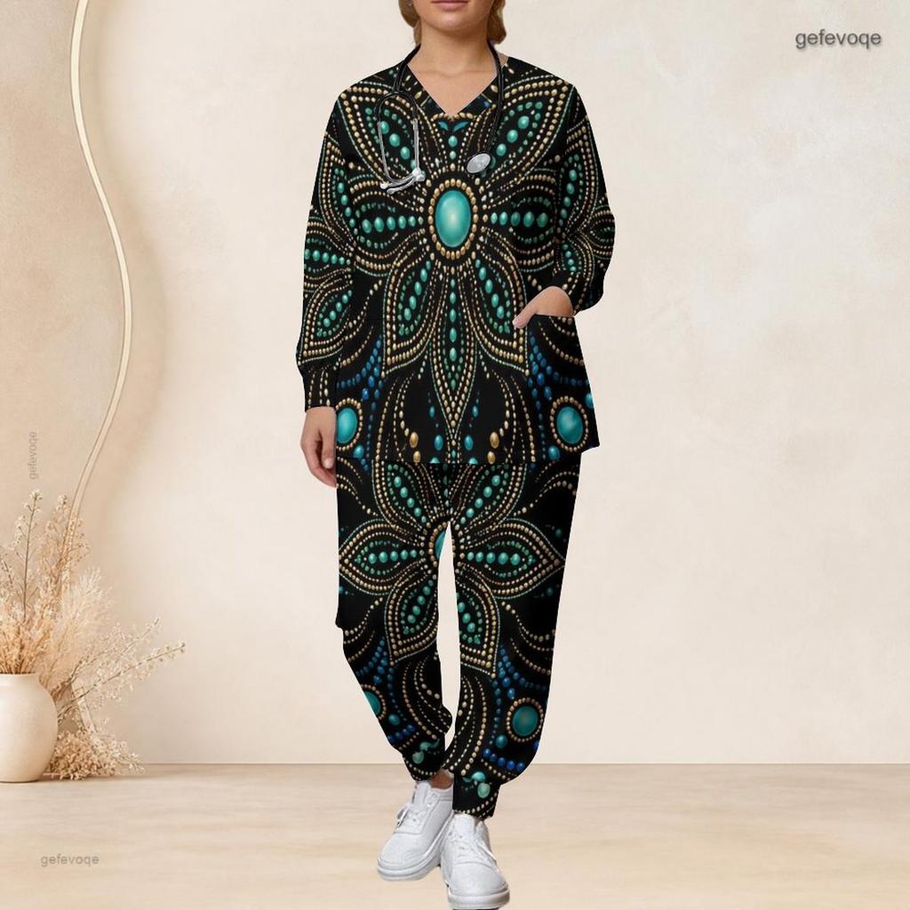 Women Plus Size Pink Purple Printed Nurse Scrub Set V Neck Long Sleeve Pocket Top And Long Pants