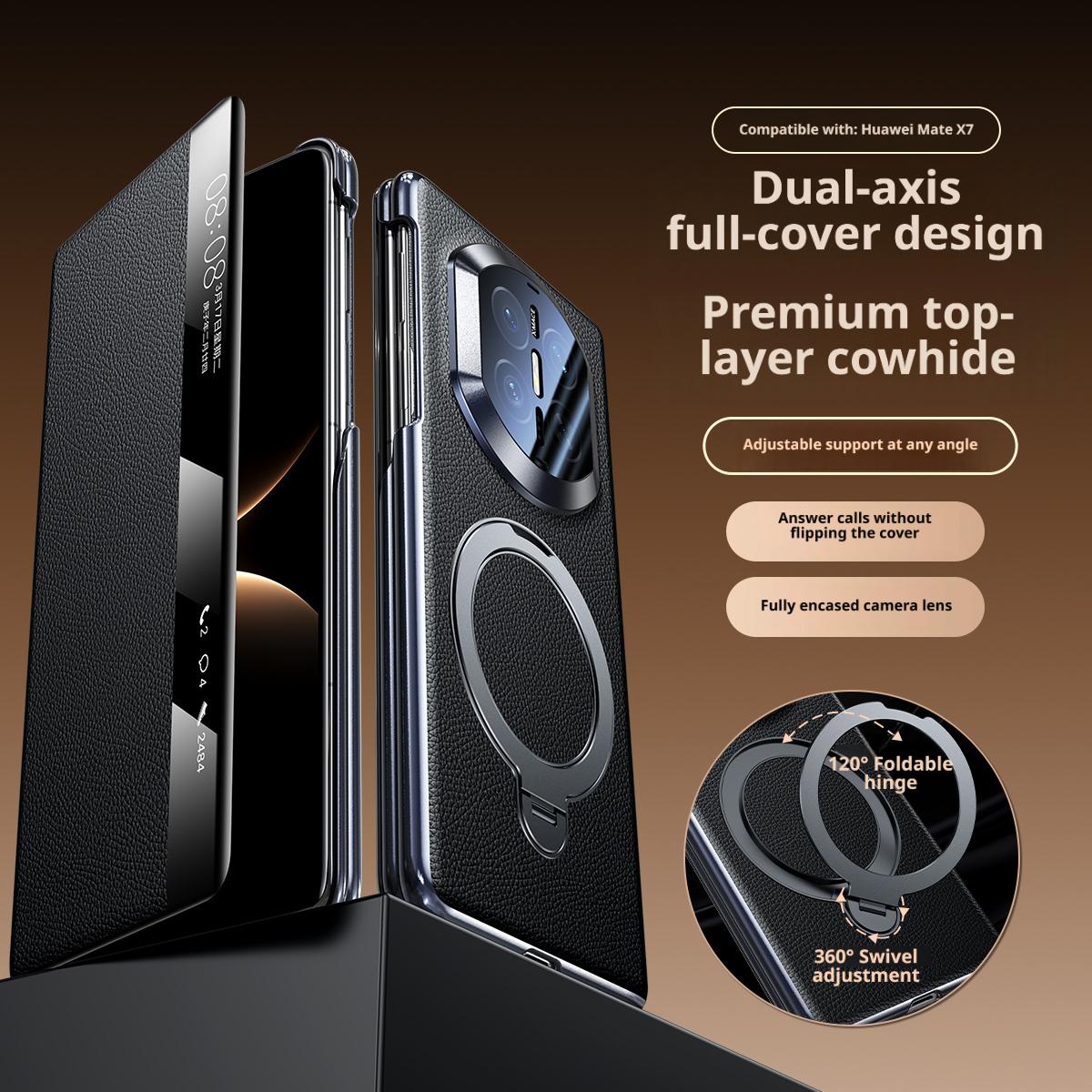 For Huawei Mate X7 X6 X5 lychee Pattern Genuine Leather 360° Rotating Stand Double-hinge Strong Magnetic Smart Window Case Cover Genuine Leather&Huawei Mate X6 чёрный