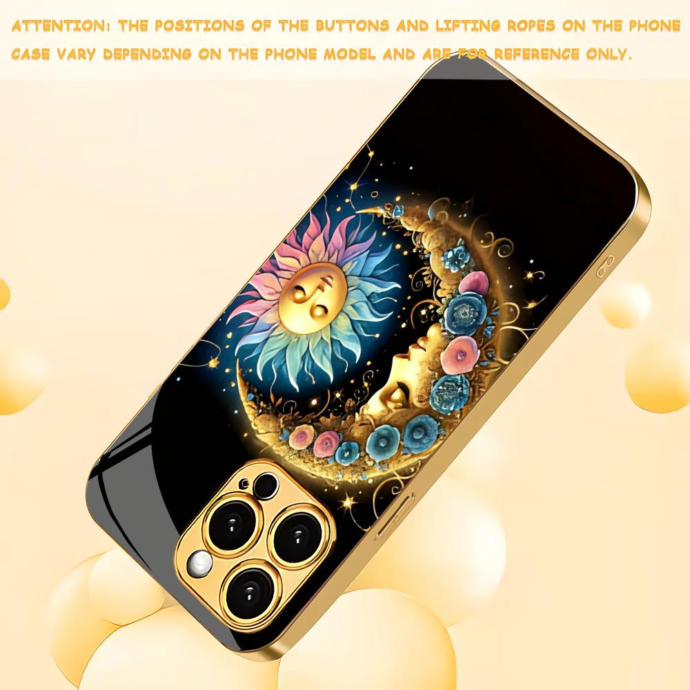 Moon Sun Pattern Metallic Paint Glass Phone Case Suitable for iPhone 17 16 15 14 13 12 11 Pro Max Plus Anti Shock Back Cover