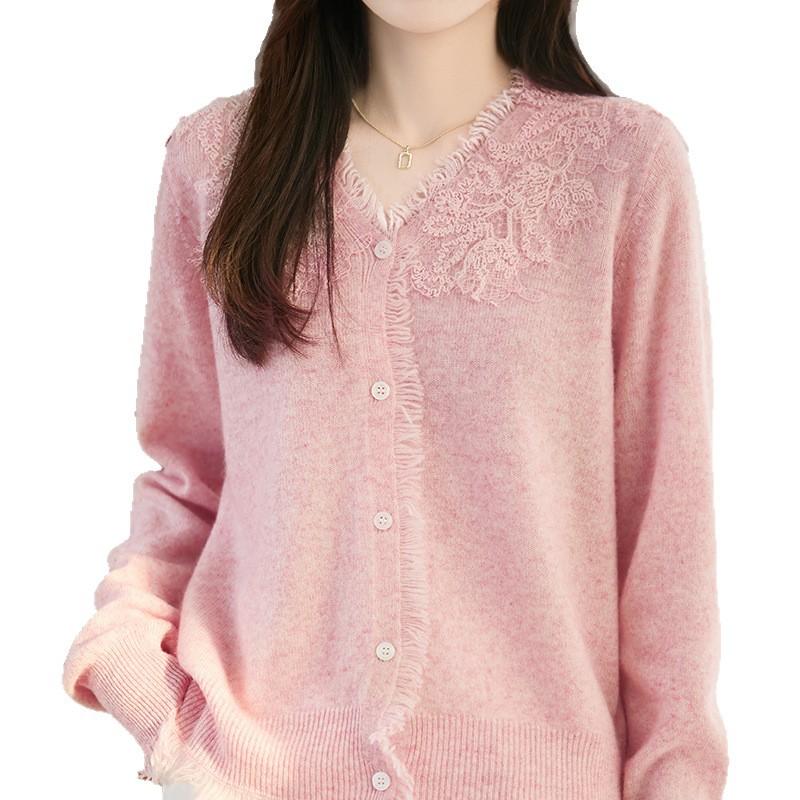 Autumn And Winter New V-Neck Solid Color Cashmere Knitted Cardigan Heavy Industry Embroidery Fringed Edge Loose Top Coat