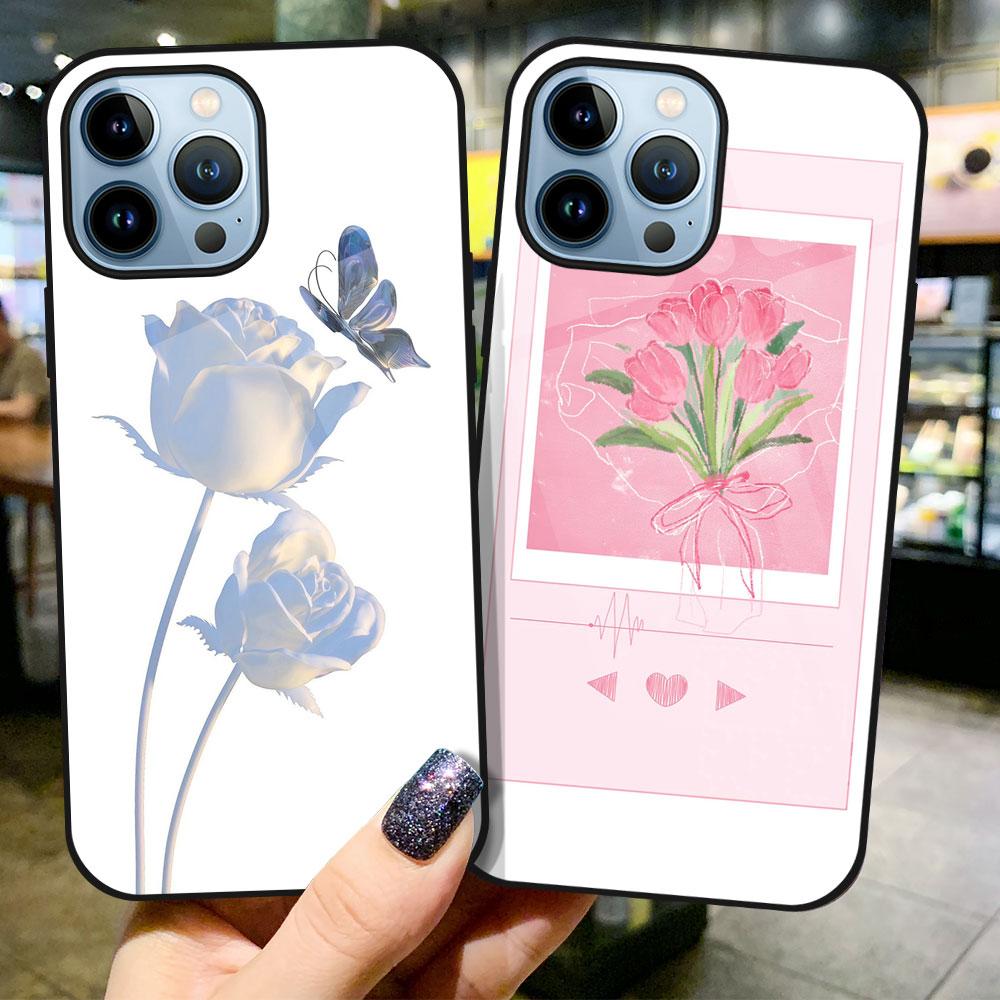 Flowers And Plants Case For Iphone 11 14 13 12 Pro Max Mini Xs Xr X 7 8 6s Plus Se 2022 Tempered Glass Protection Cover Fundas