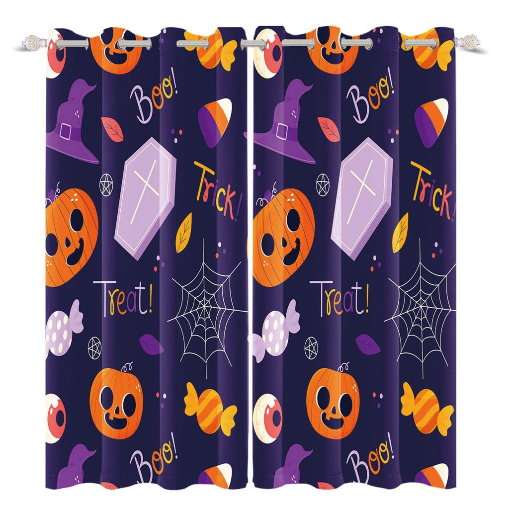 2pcs/set Horror Halloween Window Curtain Bat Spider Pumpkin Ghost Haunted House Home Decor Blackout Polyester Fabric Curtains
