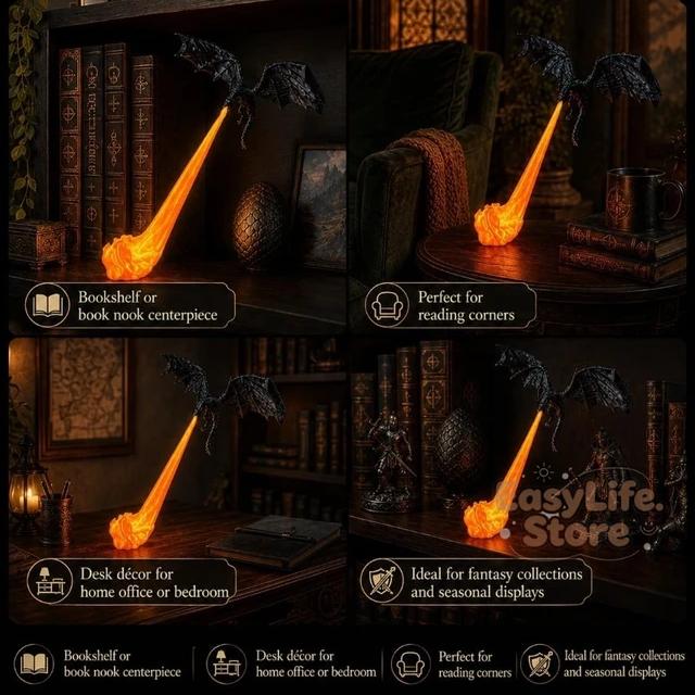 3D Fire-Breathing Dragon Bookshelf Nook Light Shelf Decor Flying Dragon Design Book Lover Gift Halloween Shelf Display