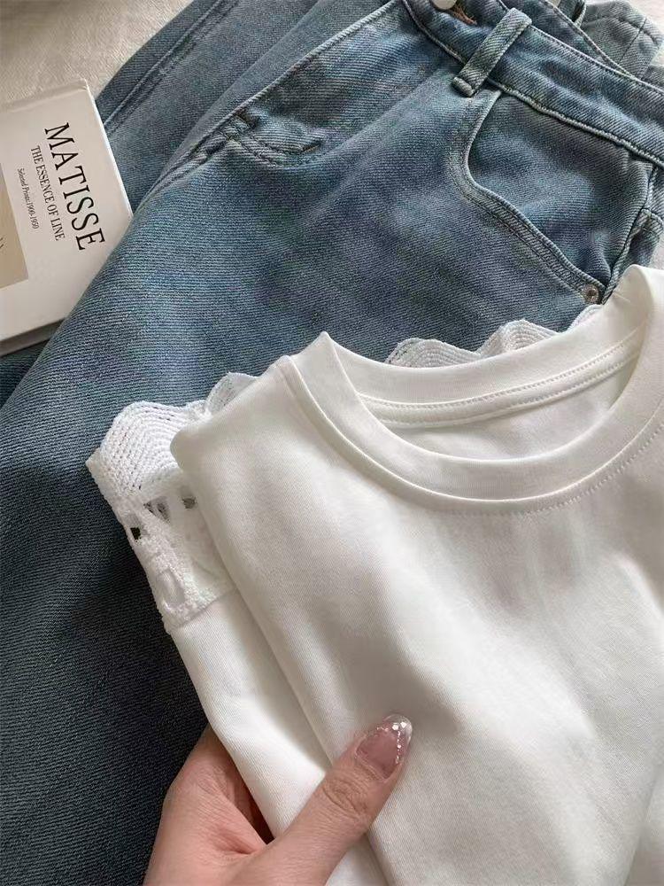 Elegant Floral Lace Patchwork Cotton T-shirt - White, Short Sleeve, Summer Style