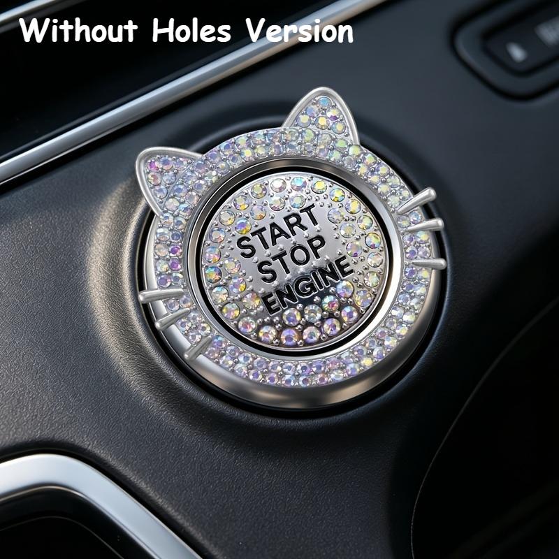 1 Set (Outer Ring + Inner Cover) Cute Cat Ear Car Push Start Button Cover, Bling Rhinestone Ignition Button Protector, Univer
