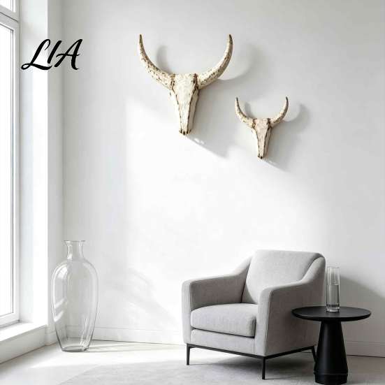 Decorative Shelf Accents Longhorn Bull Wall Sculpture, Rustic Farmhouse Animal Figurine, Distressed Decoration, Office Desk Ornament
