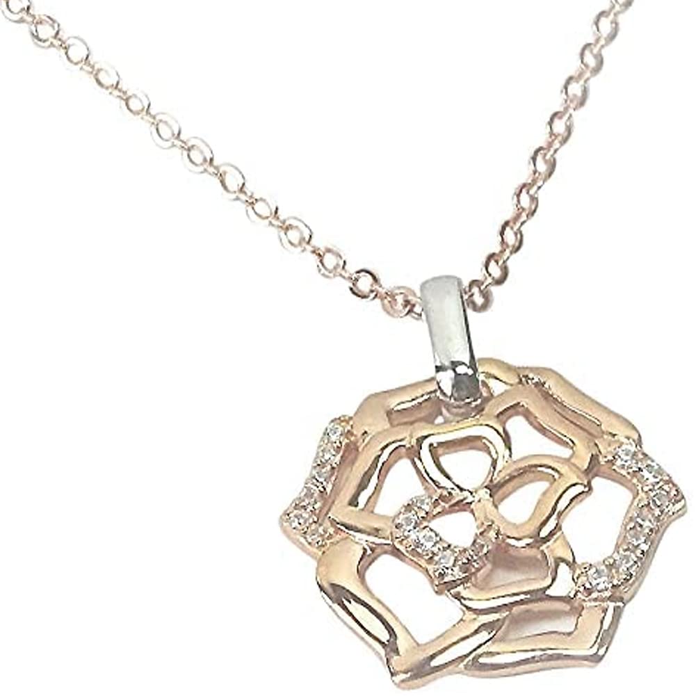 [Your and My Jewelry Box] Sterling Silver 925 Pink Gold Rose Motif CZ Stone Necklace [Gift Wrapped]