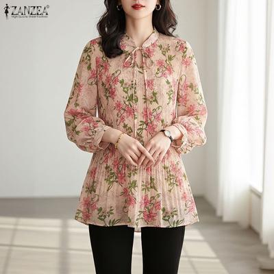 Women Casual Round Neck Floral Print Loose Long Sleeve Blouse