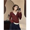 Burgundy fake two-piece half-zipper T-shirt women's spring waist pleated long-sleeved top design bottoming shirt