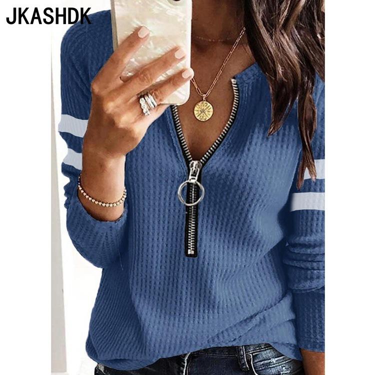 JKASHDK Women's Fashion Casual Spring Autumn Stripe Print Long Sleeve V-Neck Blouses & Shirts