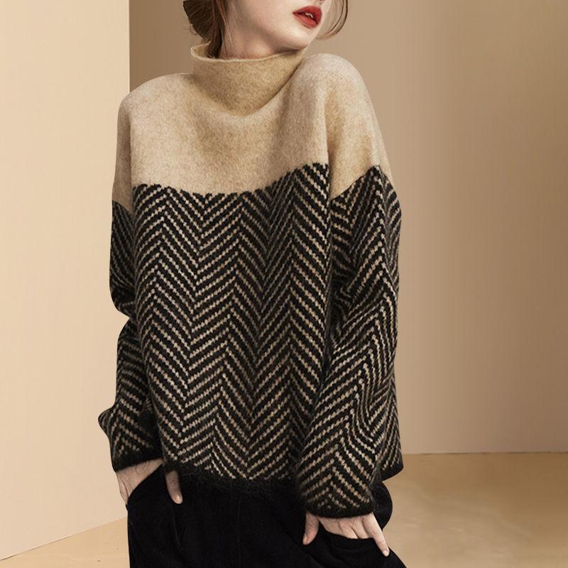 Women Autumn and Winter Sweater Thickened  Warm Knitted Stretchy Long Sleeve Oversized Top High-neck Sweater