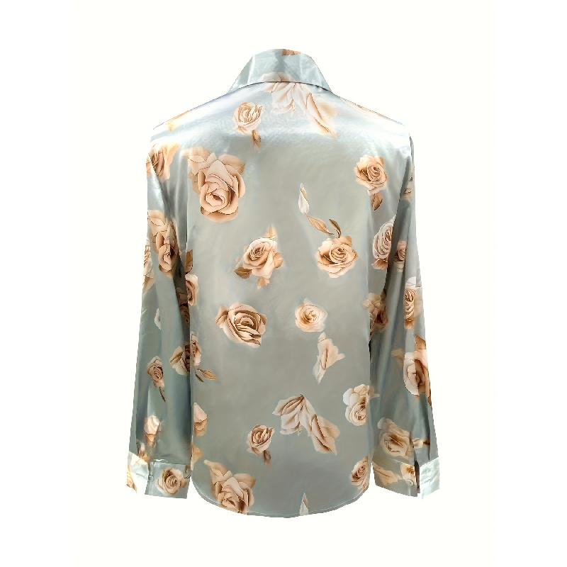 New European And American Women'S Fashion Floral Print Slim-Fit Long-Sleeve Shirt