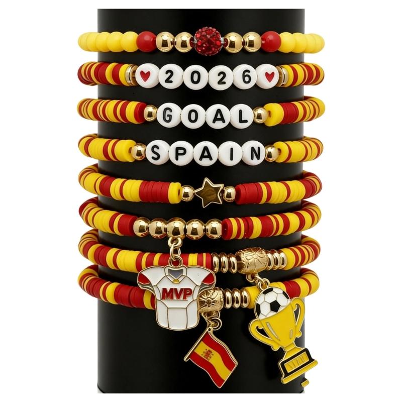 2026 Football Bracelet Set For Soccer Fan With Team Color And Football Charm Elastic Wristband