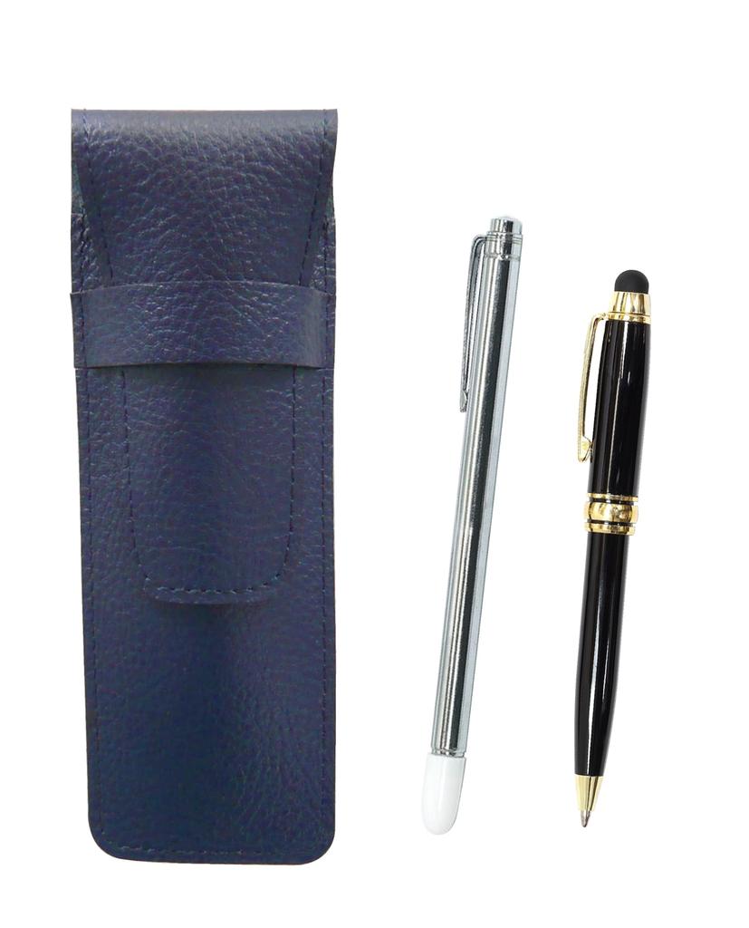 Blue Grained Leather Pen Case with Metal Pointer and Smartphone Touch Metal Mini Retro Rotating Ballpoint Pen Set SASL-701S-TK66A