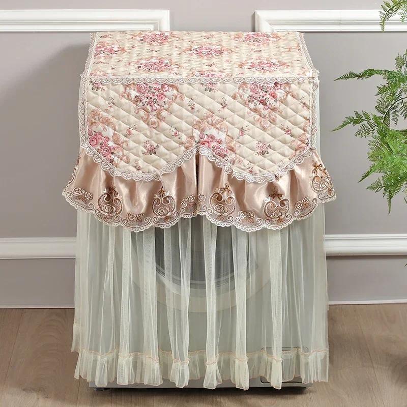 Washing Machine Cover Universal Washing Machine Cover with Roller and Wave Wheel Upflip Washing Machine Dustproof Lace Cover