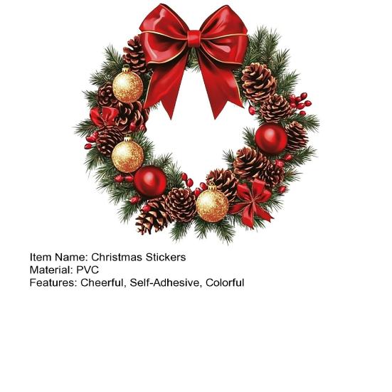 Christmas Stickers Wreath Wall Decals Red Bow Pinecone Patterns Stickers Removable PVC Holiday Decor for Living Room Bedroom Office
