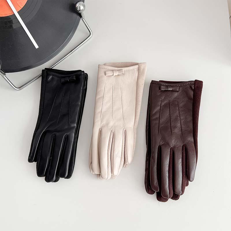 New Leather Finger Gloves for Women's Winter Outdoor Cycling, Warm and Cold Proof, Solid Color, High-end Feeling Gloves