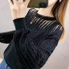 Loose Sexy Hollow Out Solid Pleated Lace Patchwork T-Shirts Round Neck Casual Women's Clothing Pullovers Autumn Winter Thin
