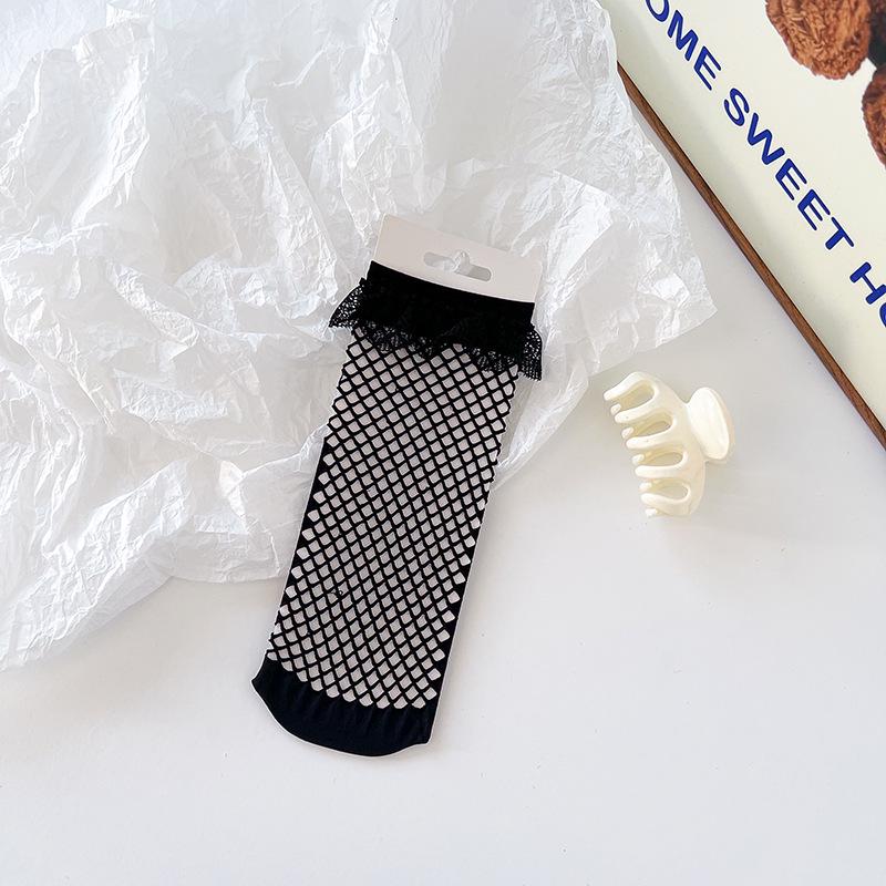 Japanese Lolita Bowknot Fishnet Lace Ankle Socks, White or Black