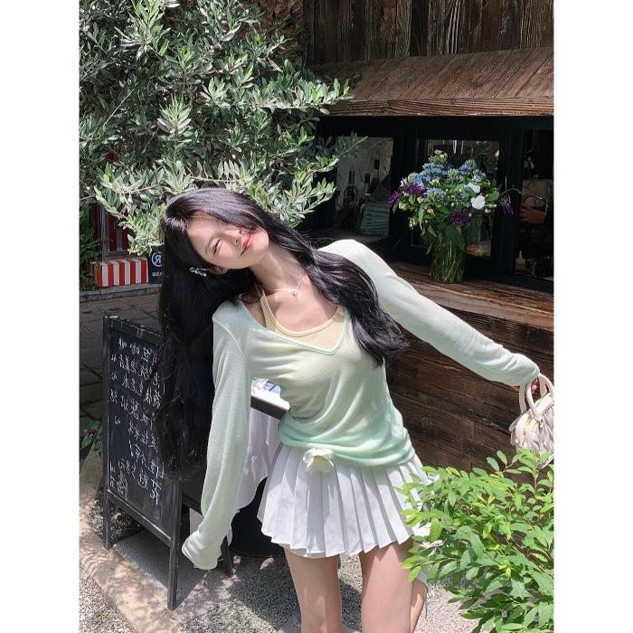 Fabric, mint green sunscreen T-shirt women's summer tulle blouse top dopamine wear versatile