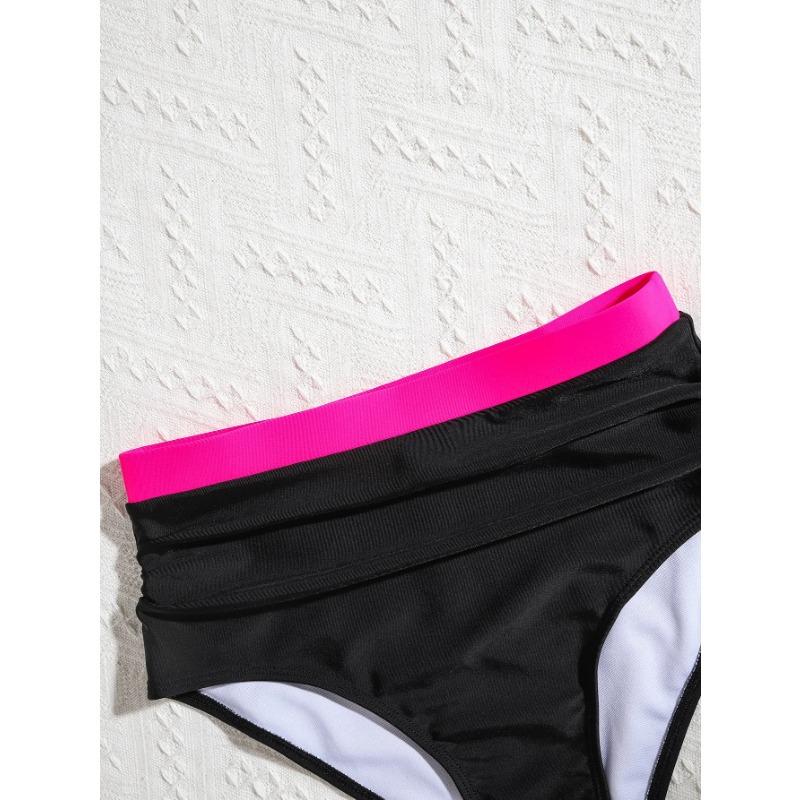 Vintage Black Patchwork Bikini Set 2025 Women Double Strap V Neck Push Up Pleate High Waist Swimsuit Beach Bathing Suit Swimwear