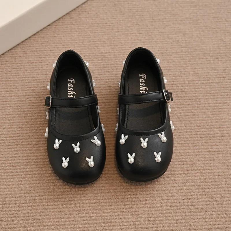 Children Flat Shoes with Sweet Rabbits Kids Princess Shoes Non-slip Soft Sole 2025 New Fashion Girls Leather Shoes Round Toes