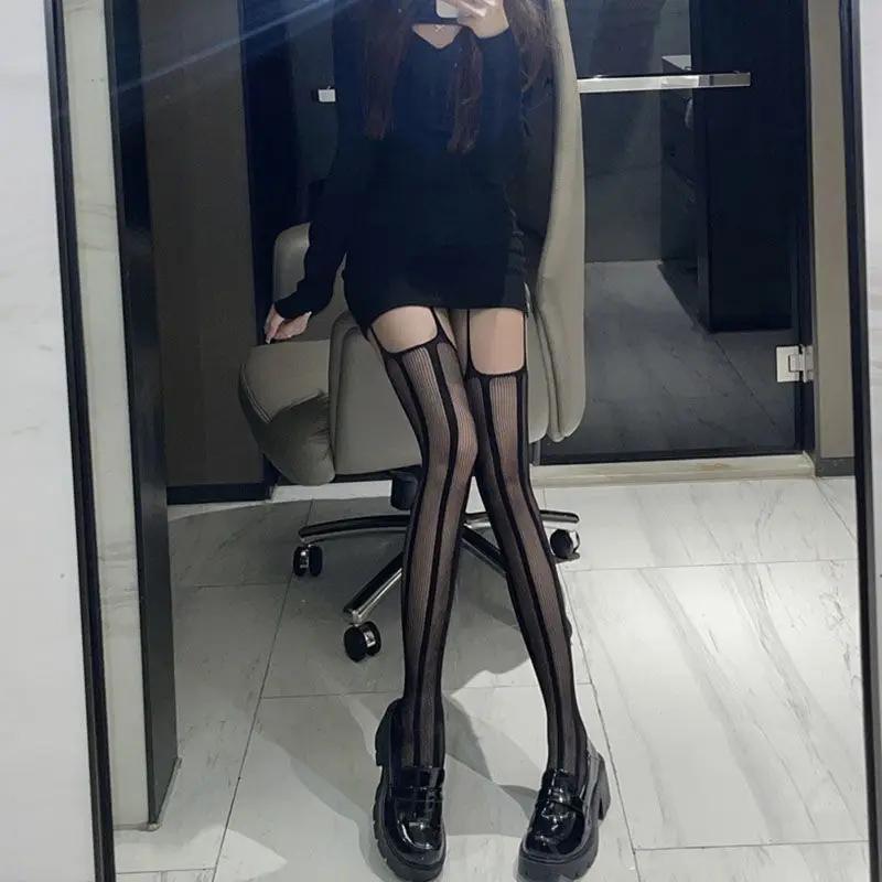 Pure Sexy Suspender Design Thin Vertical Stripe Hollowed Out Fishnet Socks Women Black Stockings Female Retro Dark Jk Pantyhose