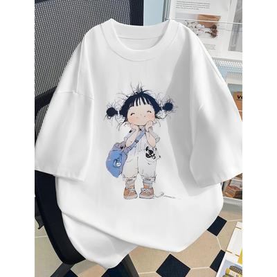 Europäische Größe Damen Y2K Anime Kawaii T-Shirt / Süß mit Zöpfen & Rucksack Print / Oversized Kurzarm Rundhals Tee
