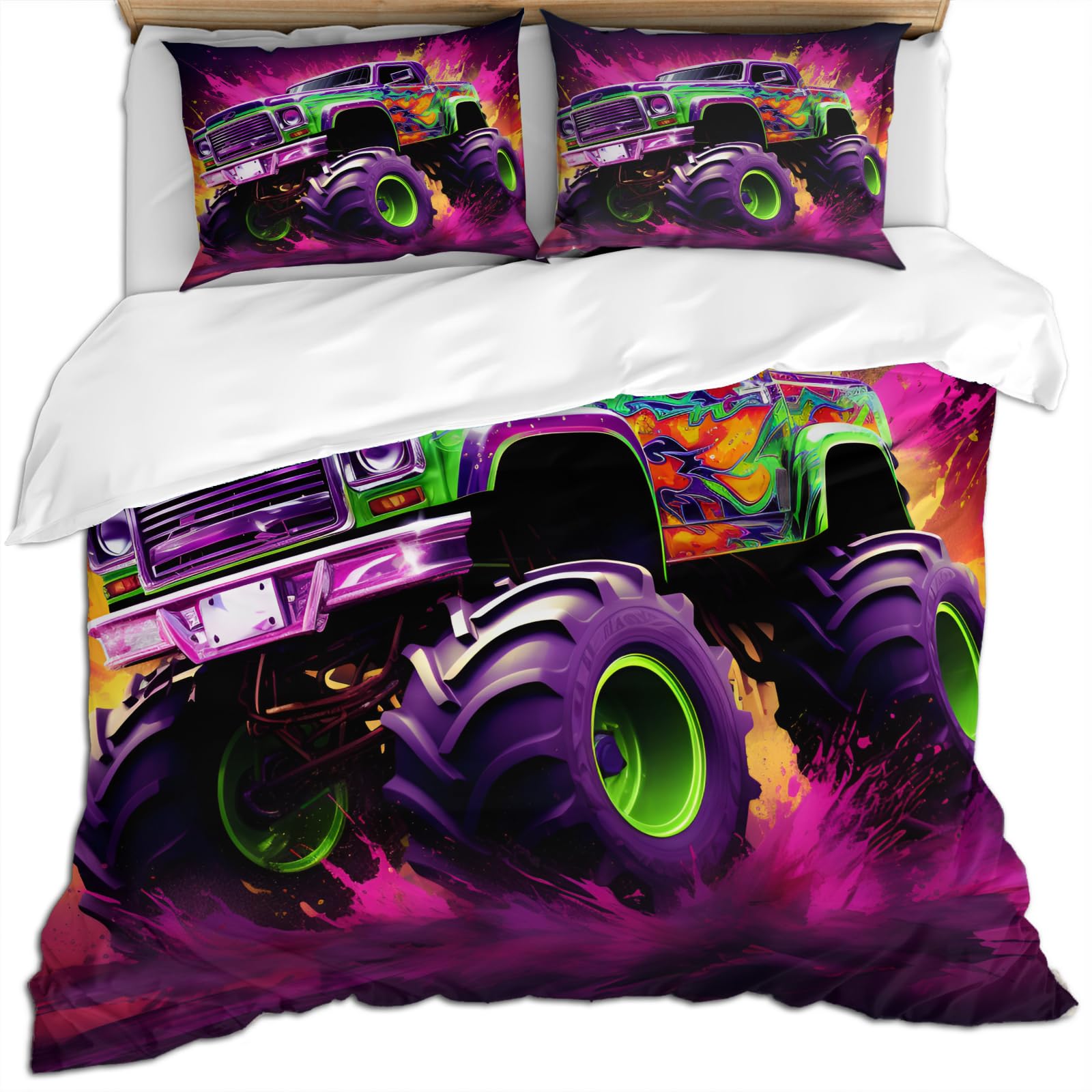 

Monster Truck Duvet Cover for Kids Queen Lightweight Quilt Covers Speed Truck Cartoon Car Bedding Set Bedroom Decor No Comforter (135x200cm)