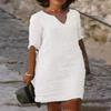 European-American Autumn Patchwork Cotton Linen V-Neck Dress, Women's Retro Solid Color, 3/4 Sleeve.