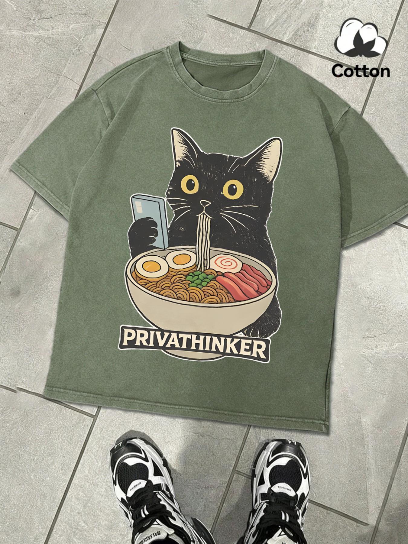 

Cat Eat Noodles While Pla With Its Phone Retro TShirt Men Fashion Cotton Tee Sportwear ONeck Clothing Washed Unisex TShirts S