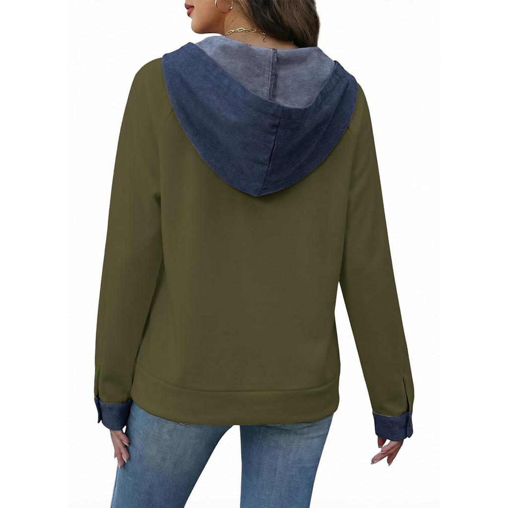 Women's Color Button Front Pullover Sweatshirt with Long Sleeves and Round Neck