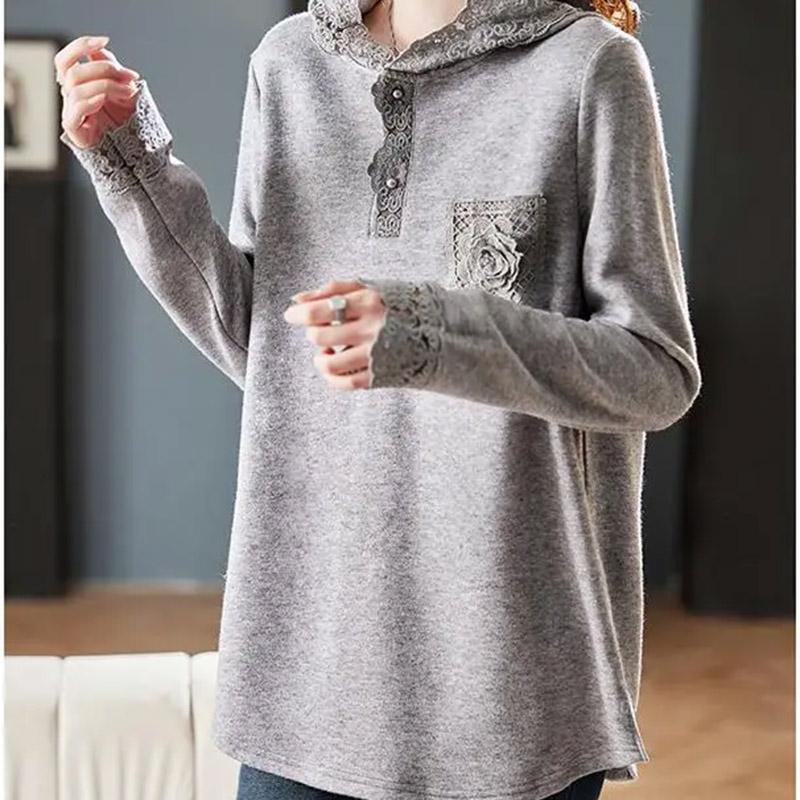 Sweatshirt for Women Cotton Oversize Mid-Length Long-Sleeve LaceThickened Loose Casual Pullover  Sweatshirt