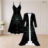 Women Plus Size Two Piece Set Black Blue Green Printed Strappy V Neck Flared Dress Long Sleeve Open Front Long Cardigan