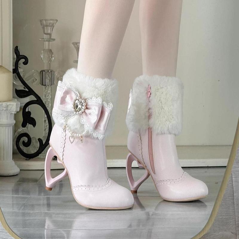 Kawaii Womens Shoes Japanese Style Lolita Cosplay Dress Boots For Girls Cute Bow Pearl Hollow-Out Heels Plush Winter Boots Woman