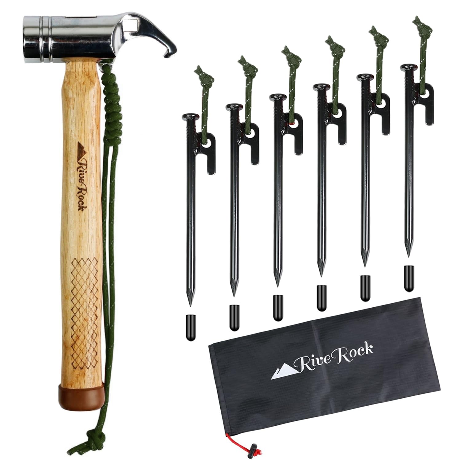 

Молоток для колышков RiveRock с безопасным хранением, 6 ярких и прочных, сумка для 6 колышков, колпачки, колышки, веревка, (Молоток + + Сумка/Зеленый)