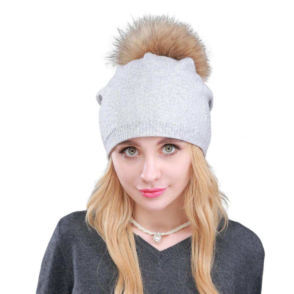 Winter Lady Hat Knitted Thick Stretchy Plush Ball Decor Solid Color Ear Warm Daily Wear Cap Outdoor Skiing Skating He