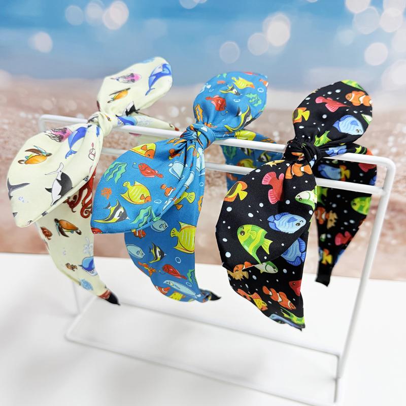 Non Slip Ocean Fish Print Headband with Cute Bow Perfect for Wide Hair Hoop Lovers