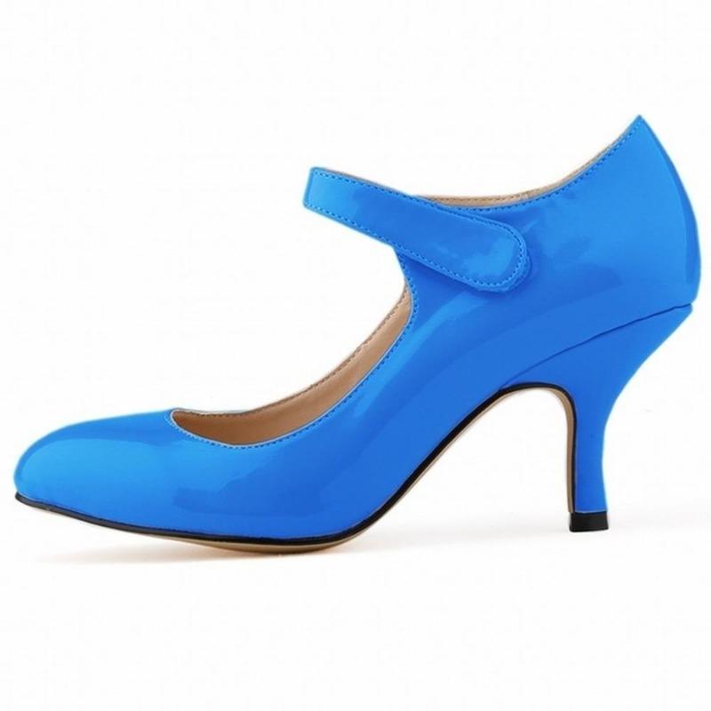 Zapatos de tacón alto informales de charol con tiras en el tobillo para mujer, 7 cm, tacón medio, cómodos, redondos, de boca baja, para trabajo, boda, color rojo