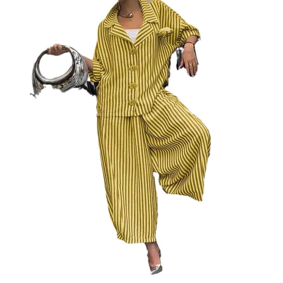 New Autumn Commute Style Floral Striped Loose Blazer Casual Suit Set