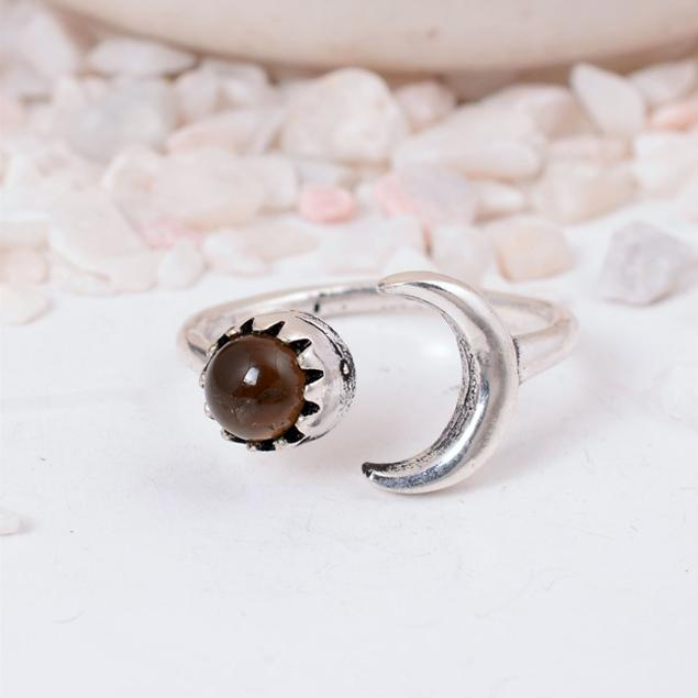 

Adjustable Smoky Quartz Crescent Moon Ring | Silver Plated Brass Celestial Jewelry | Grounding Gift 4 срібний